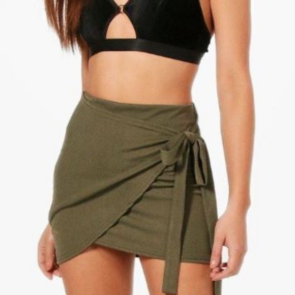 Olive Green Wrap Mini Skirt - Picture 1 of 3